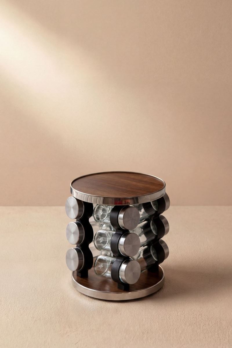 Ahşap detaylı 12'li döner standlı cam baharatlık seti 100 ml şeffaf