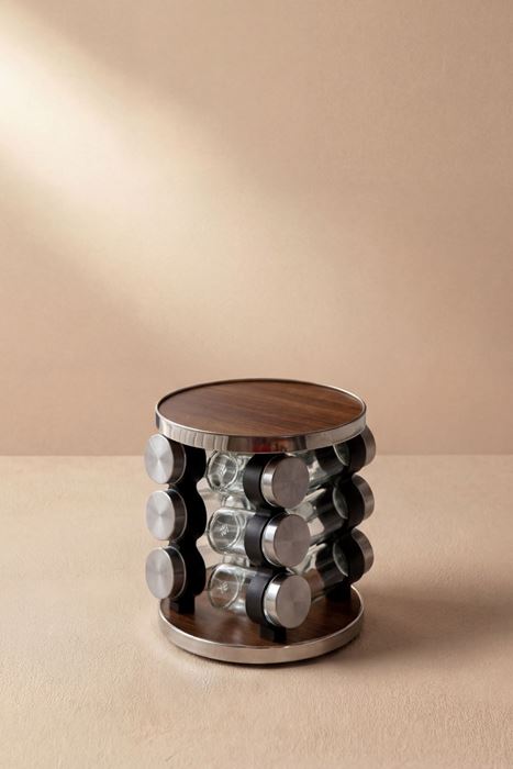 Ahşap detaylı 12'li döner standlı cam baharatlık seti 100 ml şeffaf