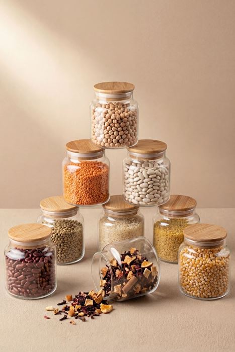 bambu kapaklı 12'li cam kavanoz seti 250 ml şeffaf hava almaz
