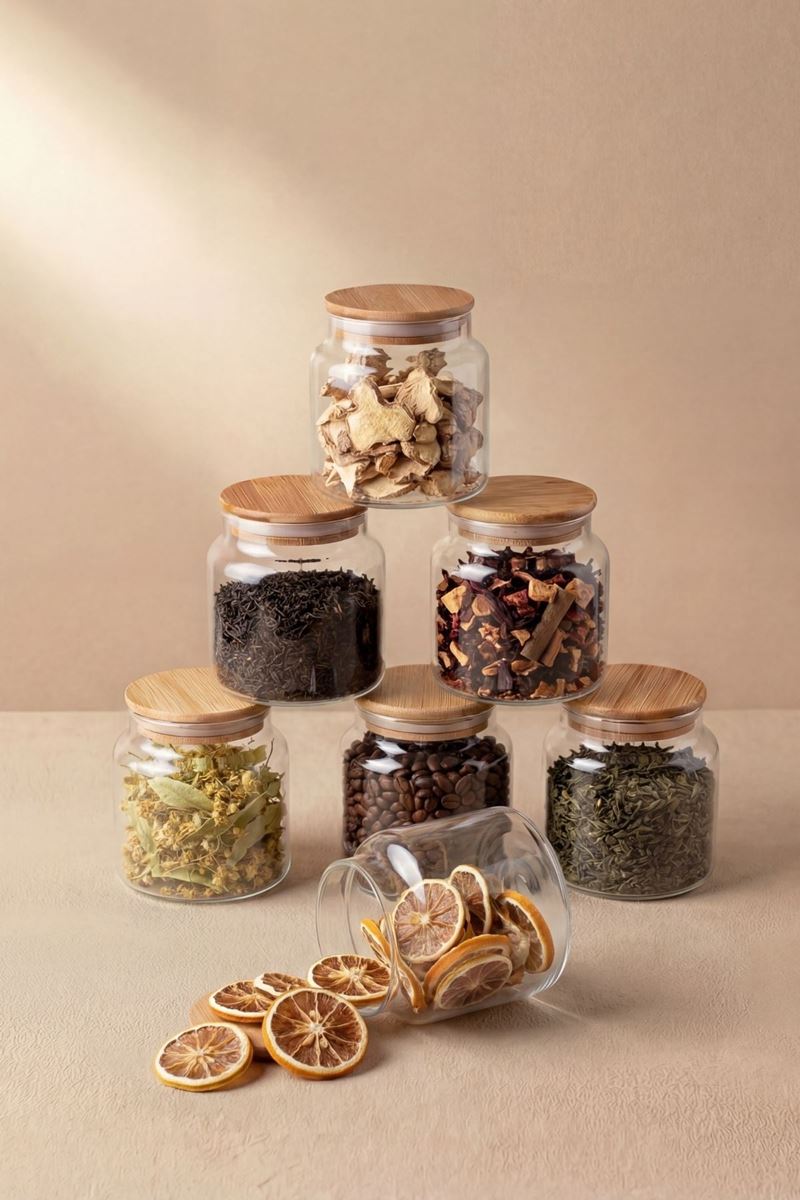 bambu kapaklı 12'li cam kavanoz seti 500 ml şeffaf hava almaz