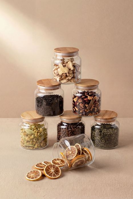 bambu kapaklı 12'li cam kavanoz seti 500 ml şeffaf hava almaz