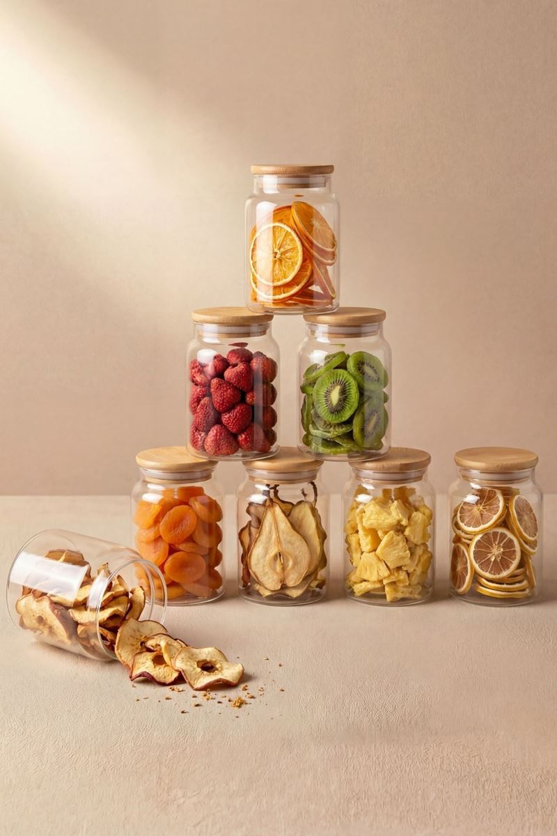 bambu kapaklı 12'li cam kavanoz seti 800 ml şeffaf hava almaz