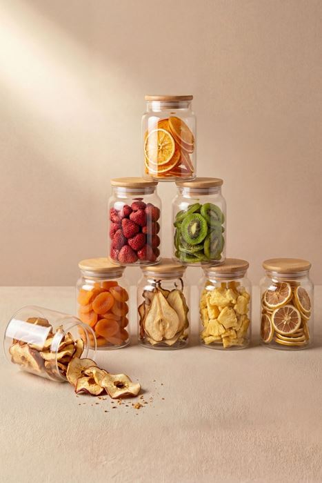 bambu kapaklı 12'li cam kavanoz seti 800 ml şeffaf hava almaz