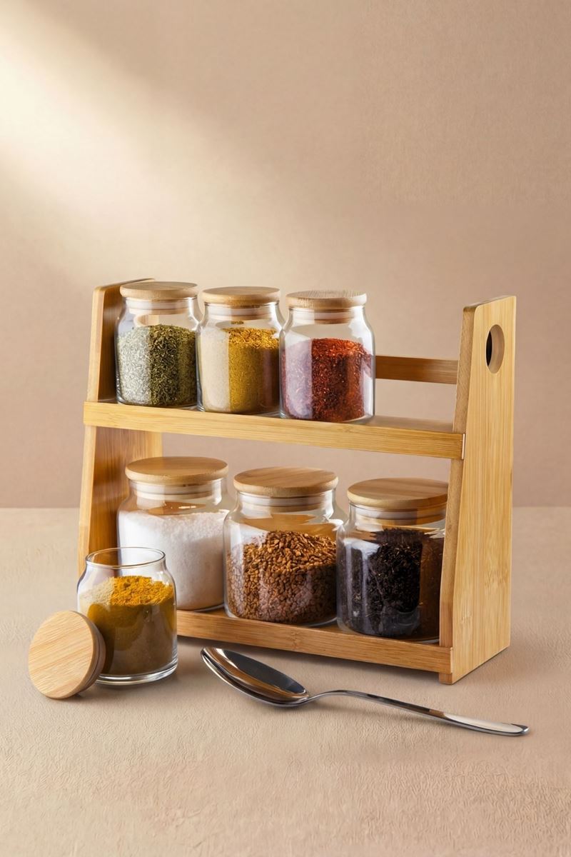 bambu standlı cam baharat seti bambu kapaklı 250 ml 500 ml şeffaf