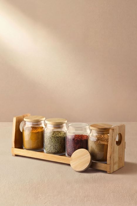bambu standlı 4'lü cam baharatlık seti 250 ml bambu kapaklı şeffaf