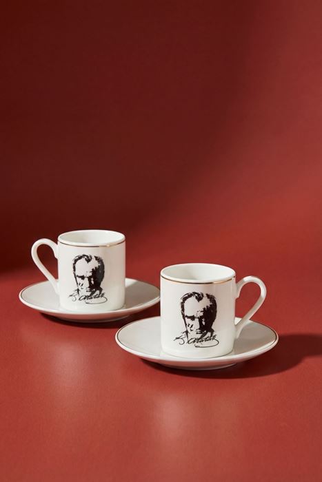 atatürk portreli porselen 2'li kahve fincan seti 70 ml tabaklı gold yaldız detaylı
