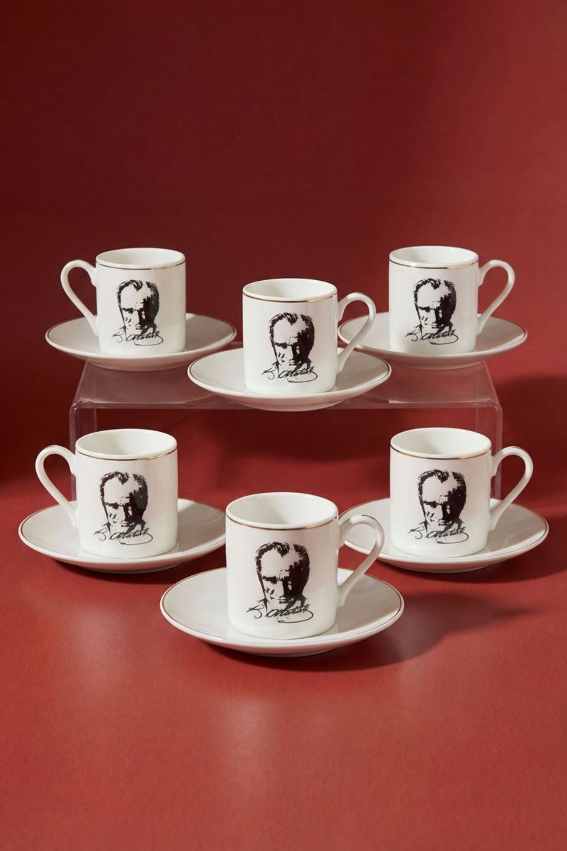 atatürk portreli porselen 6'lı kahve fincan takımı 70 ml tabaklı gold yaldız detaylı