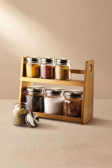 çelik kapaklı bambu standlı cam baharat takımı 250 ml 500 ml metal kapaklı kavanoz seti