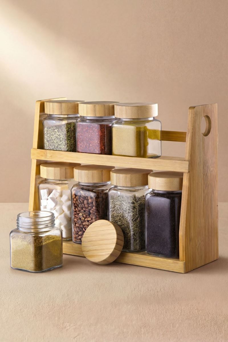 bambu standlı cam baharat takımı bambu kapaklı 250 ml 500 ml 8li kavanoz seti