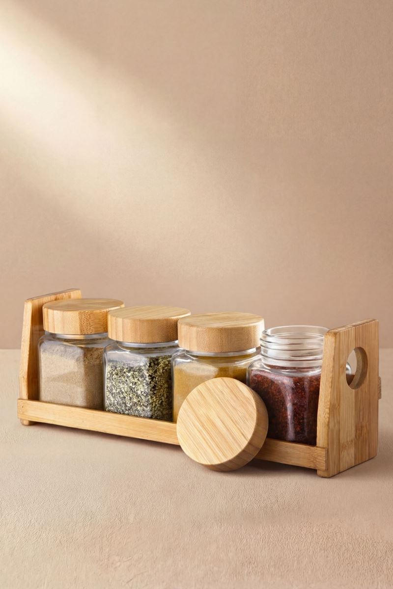 bambu standlı bambu kapaklı cam baharat takımı 4lü 250 ml şeffaf 9 parça
