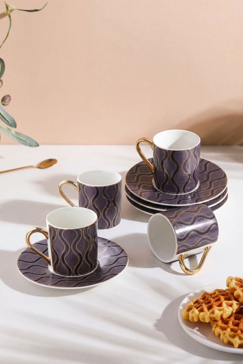 gold yaldız kulplu geometrik desenli porselen kahve fincan takımı 6 kişilik 70 ml tabaklı
