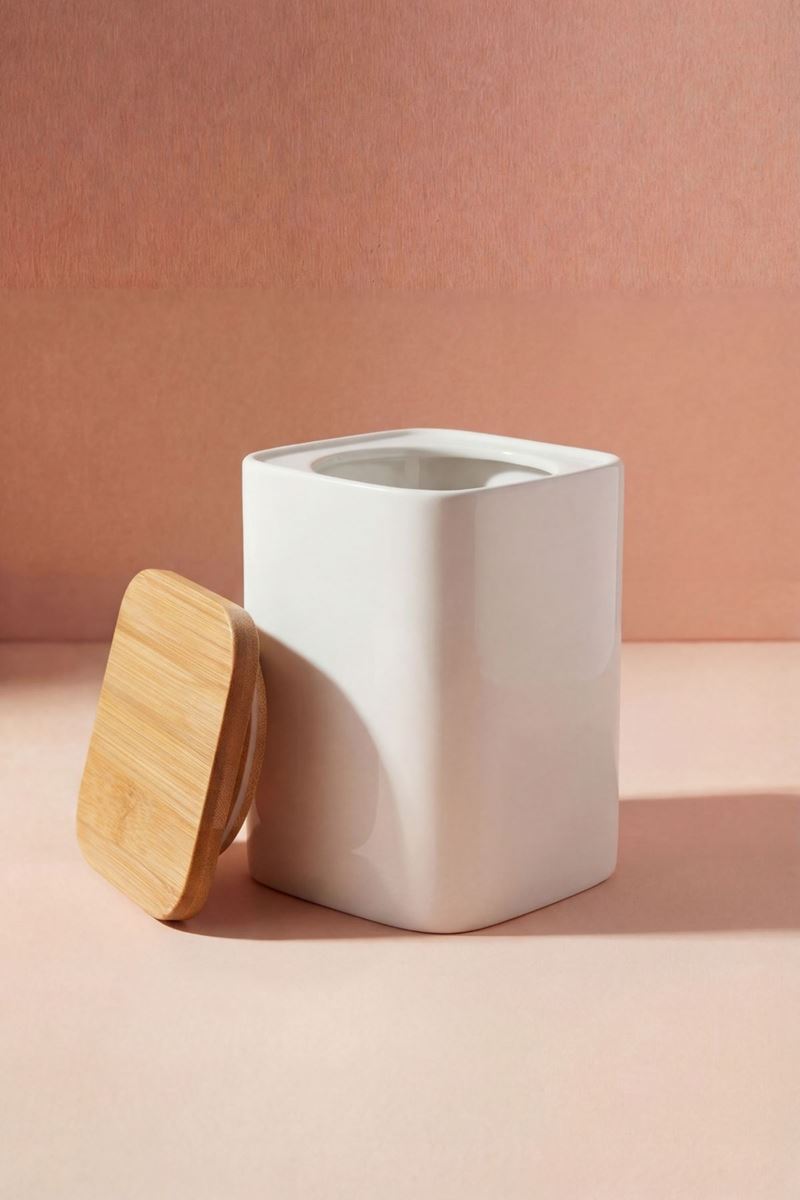 bambu kapaklı porselen saklama kavanozu 1.53 lt 10,2x10,2x14,7 cm beyaz çok amaçlı mutfak kabı