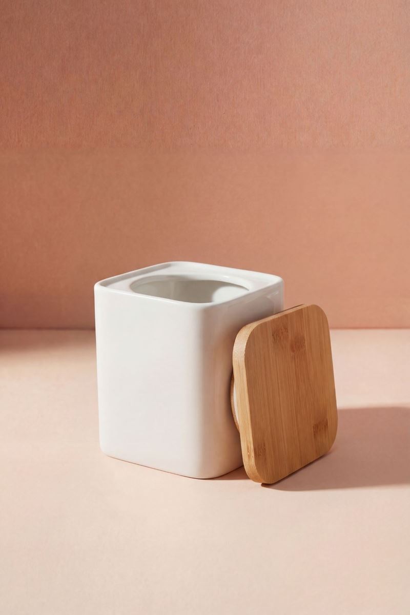 bambu kapaklı porselen saklama kavanozu 1.5 lt 11x11x12 cm beyaz tezgah üstü mutfak kavanozu