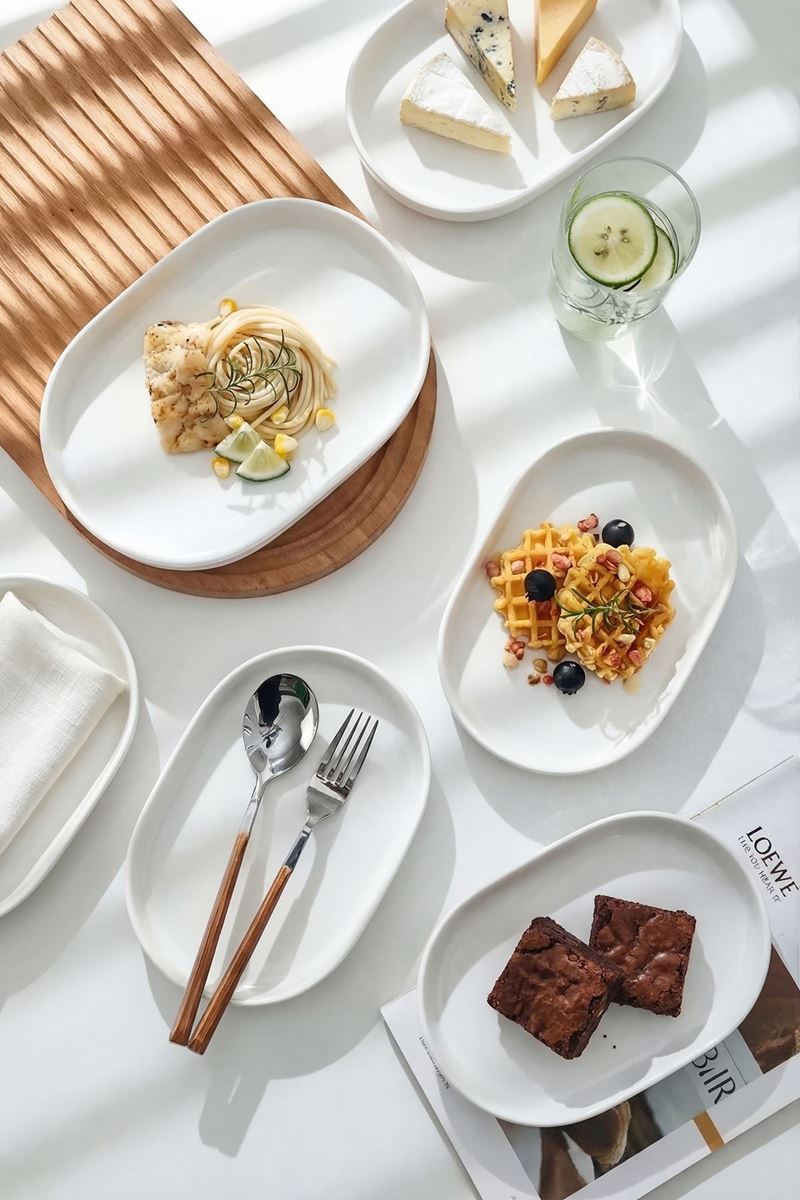 porselen oval kayık sunum tabağı 6lı set 20x9 cm beyaz desensiz servis ikram tabağı