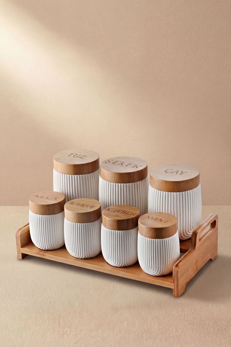 porselen baharat takımı bambu kapaklı ahşap standlı beyaz çizgili baharatlık seti