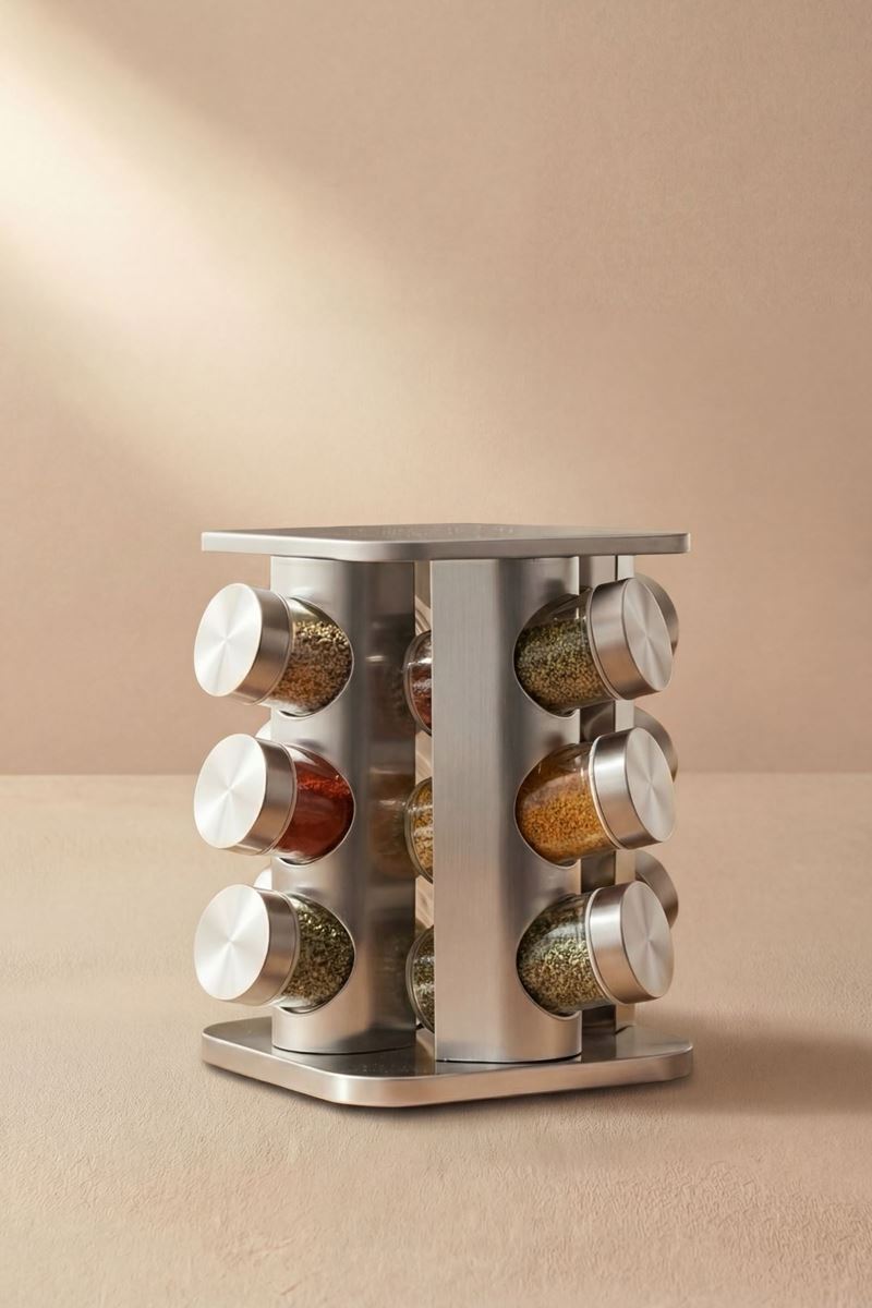 12li döner standlı cam baharatlık seti 100 ml metal kapaklı gri baharat kavanozu takımı