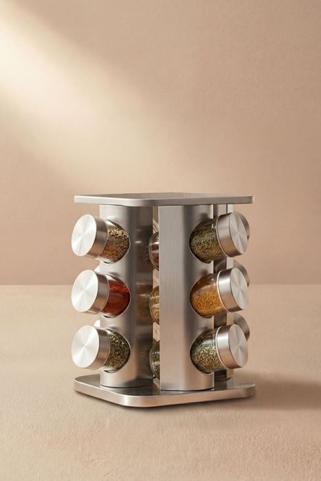 12li döner standlı cam baharatlık seti 100 ml metal kapaklı gri baharat kavanozu takımı